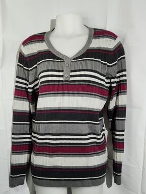 Carroll Reed Ribbed Henley Long Sleeve Top - Gray, White & Plum - XL